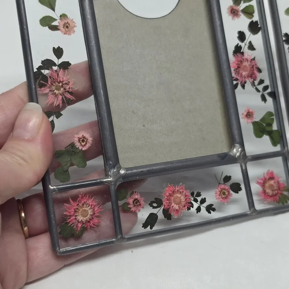Pressed Flowers Metal Stained Glass Foldable Double Picture Frame By Malden